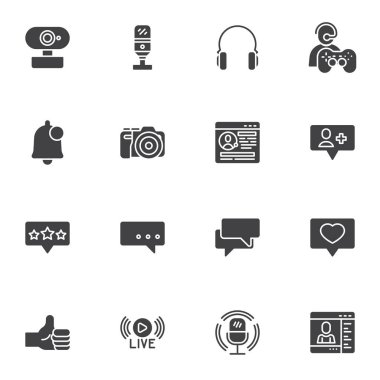 Sosyal medya vektör simgeleri seti, modern katı sembol koleksiyonu, doldurulmuş biçim piktogram paketi. İşaretler, logo illüstrasyonu. Sohbet iletisi, yorum, podcast, web sitesi sayfası, canlı yayın olarak simgeleri
