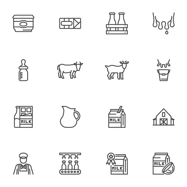 stock vector Dairy products line icons set, outline vector symbol collection, linear style pictogram pack. Signs, logo illustration. Set includes icons as milk package, yogurt pack, cow, butter, yogurt, milk jug