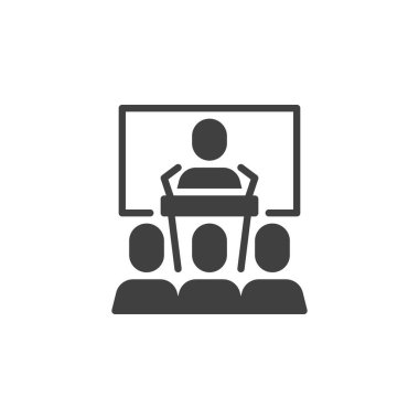 İş konferansı vektör ikonu. Mobil kavram ve web tasarımı için eğitim dolu düz tabela. Sözcü sunum simgesi. Sembol, logo çizimi. Vektör grafikleri