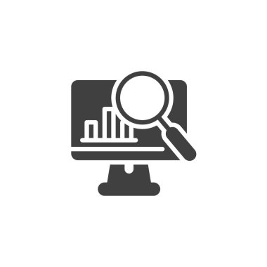 İş izleme vektör simgesi. Mobil konsept ve web tasarımı için düz tabela. Monitör ve büyüteç simgesi. Sembol, logo çizimi. Vektör grafikleri