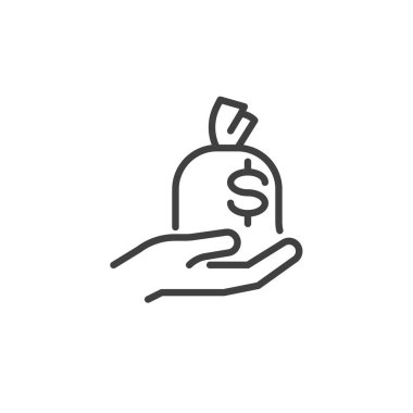 Para kazanma ikonu. Mobil konsept ve web tasarımı için doğrusal biçim işareti. El ve para çantası taslak vektör simgesi. Sembol, logo çizimi. Vektör grafikleri