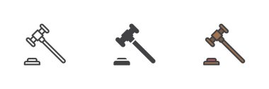 Yargıç Tokmak farklı stil ikonu seti. Çizgi, kabartma ve doldurulmuş renkli versiyon, ana hatlar ve doldurulmuş vektör işareti. Sembol, logo çizimi. Vektör grafikleri