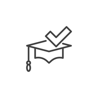 Seçim eğitim çizgisi simgesi. Mobil konsept ve web tasarımı için doğrusal biçim işareti. Mezuniyet şapkası ve işaret ana taslak ikonu. Sembol, logo çizimi. Vektör grafikleri
