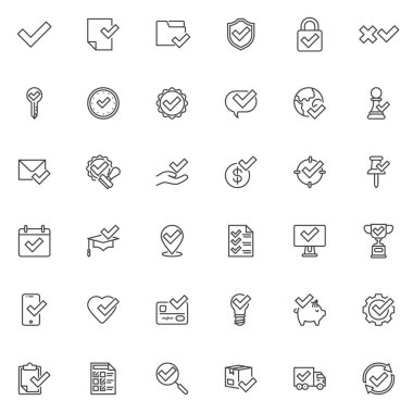 Onay ve onay satırı simgeleri ayarlandı. İşaretli doğrusal biçim sembolleri koleksiyonu, ana tabela paketi, vektör grafikleri. Anket formu olarak simgeleri, kontrol listesini, onaylanmış belge anlaşmasını içerir