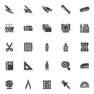 Okul ikonları seti, modern katı sembol koleksiyonu, doldurulmuş resim paketi. İşaretler, logo illüstrasyonu. Ofis aksesuarları, kalem, kalem, kalem, kalem, cetvel, dizüstü bilgisayar olarak simgeleri küme