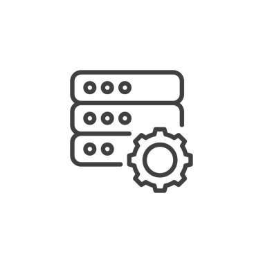 Veri merkezi bakım hattı simgesi. Mobil konsept ve web tasarımı için doğrusal biçim işareti ayarlayan bilgisayar sunucusu. Sunucu yönetimi ana hatları vektör simgesi. Sembol, logo çizimi. Vektör grafikleri