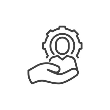 Yönetim kontrol hattı simgesi. Mobil konsept ve web tasarımı için el ve dişli doğrusal tabela. Hedefler ana hatlar vektör simgesi ayarlanıyor. Sembol, logo çizimi. Vektör grafikleri