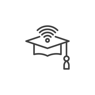 Çevrimiçi eğitim hattı simgesi. Mobil konsept ve web tasarımı için Wifi sinyali ve öğrenci şapkası çizgisel işareti. E-öğrenme ana hatları vektör simgesi. Sembol, logo çizimi. Vektör grafikleri