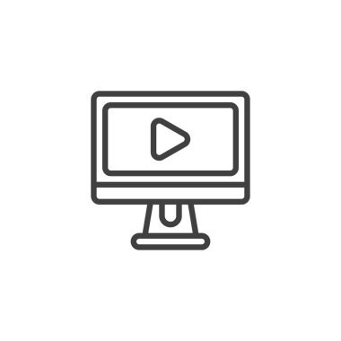 Video öğretim hattı simgesi. Mobil konsept ve web tasarımı için doğrusal biçim işareti. Bilgisayar monitörü ve düğme ana hatlı vektör simgesi oynat. Sembol, logo çizimi. Vektör grafikleri