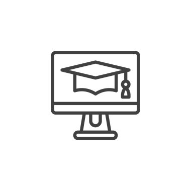 Uzaklık öğrenme çizgisi simgesi. Mobil konsept ve web tasarımı için çevrimiçi eğitim tarzı işareti. E-öğrenme ana hatları vektör simgesi. Sembol, logo çizimi. Vektör grafikleri