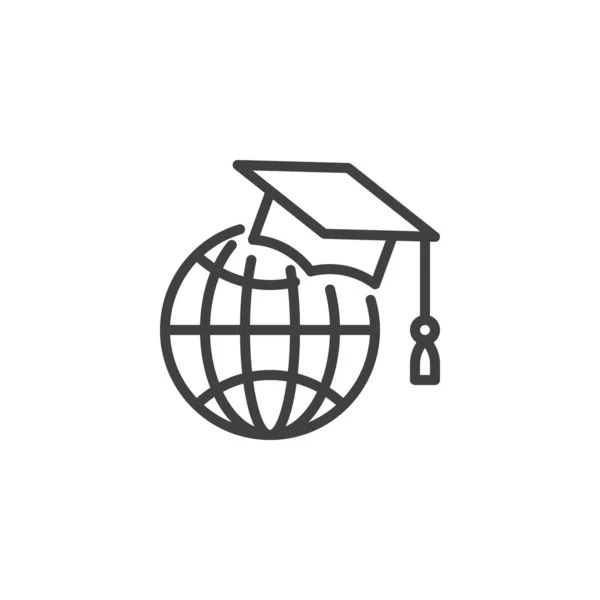 グローバル教育ラインのアイコン モバイルコンセプトとウェブデザインのための地球線形スタイルのサイン上の卒業キャップ インターネットトレーニングアウトラインベクトルアイコン シンボル ロゴイラスト ベクトルグラフィックス — ストックベクタ