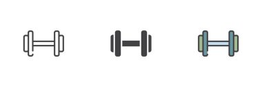 Dumbbell farklı biçim simgesi seti. Çizgi, kabartma ve doldurulmuş renkli versiyon, ana hatlar ve doldurulmuş vektör işareti. Sembol, logo çizimi. Vektör grafikleri