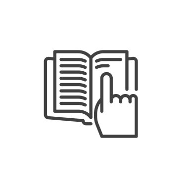 El dokunuşu kitabı sayfa satırı ikonu. Mobil konsept ve web tasarımı için doğrusal biçim işareti. Kitap ana hatları vektör simgesi okunuyor. Sembol, logo çizimi. Vektör grafikleri