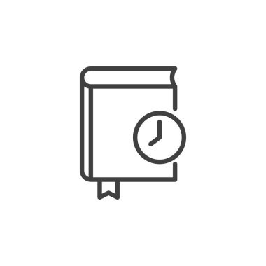 Kitap okuma zaman çizgisi simgesi. Mobil konsept ve web tasarımı için doğrusal biçim işareti. Kitap ve saat taslak vektör simgesi. Sembol, logo çizimi. Vektör grafikleri