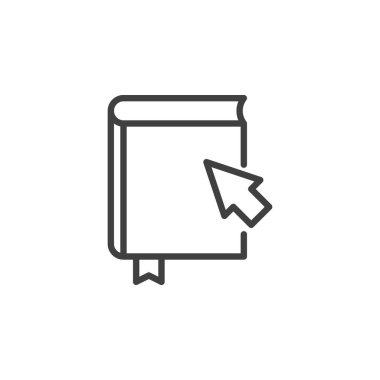 Kitap satırı simgesine tıklayın. Mobil konsept ve web tasarımı için çevrimiçi kütüphane doğrusal işaret. Kitap ve imleç oku ana hatlı vektör simgesi. E-öğrenme sembolü, logo çizimi. Vektör grafikleri