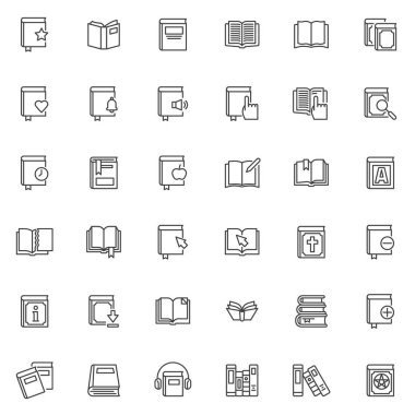 Kitap ve ders kitabı satır simgeleri ayarlandı. Doğrusal biçim sembolleri koleksiyonu, ana tabela işaretleri paketi. Kütüphane vektör grafikleri. Dizgi olarak simgeler, açık sayfalar, yer imi, kitap, ders kitabı olarak okunur