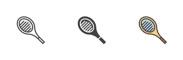 Raquette Tennis Ensemble Icônes Style Différent Ligne Glyphe Contour Rempli — Image vectorielle