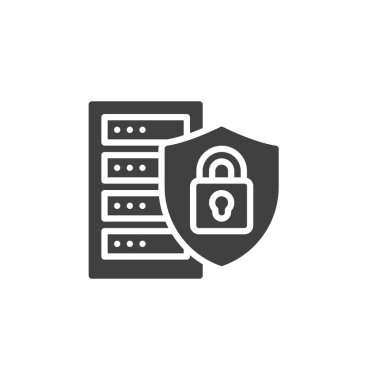 Veri sunucusu güvenlik vektör simgesi. Bilgisayar sunucusu ve kalkan mobil konsept ve web tasarımı için düz tabela doldurdu. Veri koruma sembolü. Sembol, logo çizimi. Vektör grafikleri