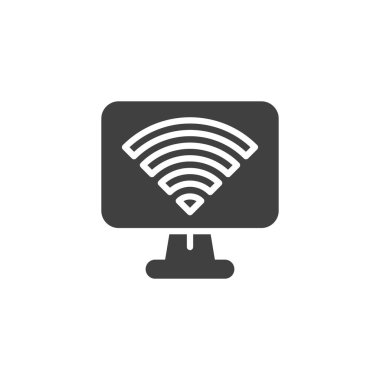 Bilgisayar bağlantısı vektör simgesi. Mobil konsept ve web tasarımı için düz tabela doldurulmuş. Bilgisayar kablosuz ağ simgesi. Sembol, logo çizimi. Vektör grafikleri