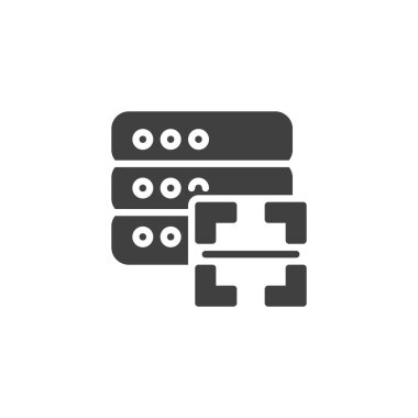 Veri merkezi tarama vektör simgesi. Mobil konsept ve web tasarımı için düz tabela. Bilgisayar sunucusu kabartma simgesini tarıyor. Sembol, logo çizimi. Vektör grafikleri