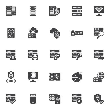 Büyük veri vektör simgeleri seti, Veritabanı sunucusu modern katı sembol koleksiyonu, doldurulmuş biçim piktogram paketi. Logo illüstrasyonu işaretleri. Set simgeleri, bulut hesaplaması, ağ bağlantısı, siber güvenlik içerir