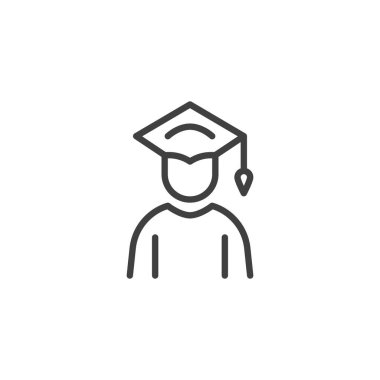 Mezuniyet şapkası ikonu olan bir öğrenci. Mobil konsept ve web tasarımı için doğrusal biçim işareti. Yüksek lisans öğrencisi taslak vektör simgesi. Sembol, logo çizimi. Vektör grafikleri
