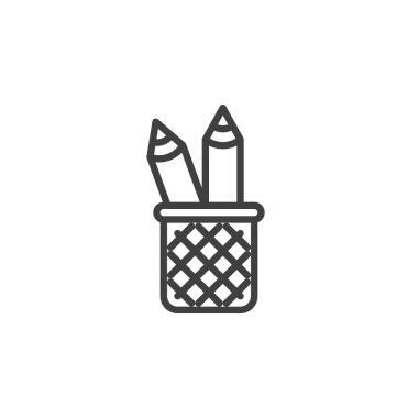 Kalem satırı simgesi. Mobil konsept ve web tasarımı için doğrusal biçim işareti. Kalem tutucu taslak vektör simgesi. Sembol, logo çizimi. Vektör grafikleri