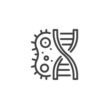Bakteriyel DNA çizgi simgesi. Mobil konsept ve web tasarımı için doğrusal biçim işareti. DNA molekülü ve virüs vektör simgesini çiziyor. Biyoteknoloji sembolü, logo çizimi. Vektör grafikleri