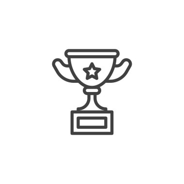 Kupa sırası ikonu. Mobil konsept ve web tasarımı için doğrusal biçim işareti. Yıldız taslak vektör ikonlu ödül kupası. Sembol, logo çizimi. Vektör grafikleri