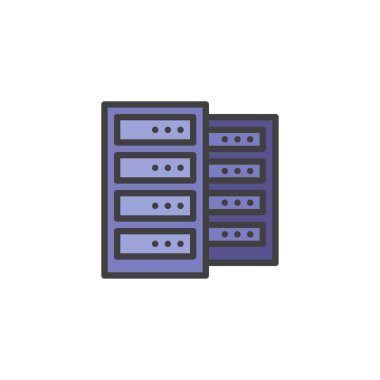 Bilgisayar Sunucusu ana hatlar simgesini, veri merkezi vektör çizgisi işaretini, beyaz üzerine izole edilmiş doğrusal renkli piktogramı doldurdu. Sembol, logo çizimi. Vektör grafikleri
