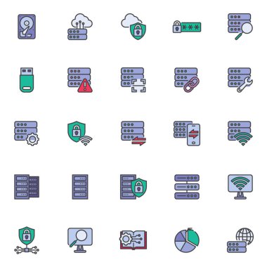 Veritabanı sunucusu ana hatları doldurulmuş simgeler, çizgi vektör sembolü koleksiyonu, doğrusal renkli pictogram paketi. logo illüstrasyonu, Set bulut hesaplama, ağ bağlantısı, siber güvenlik simgelerini içerir
