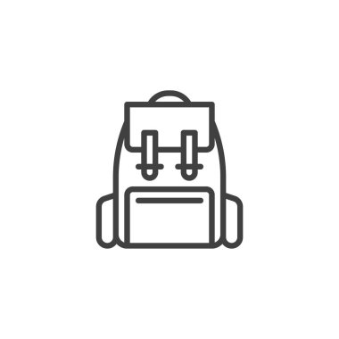 Sırt çantası çizgisi simgesi yürüyüşü. Gezici konsept ve web tasarımı için sırt çantası doğrusal işareti. Kamp çantası ana hatları vektör simgesi. Sembol, logo çizimi. Vektör grafikleri