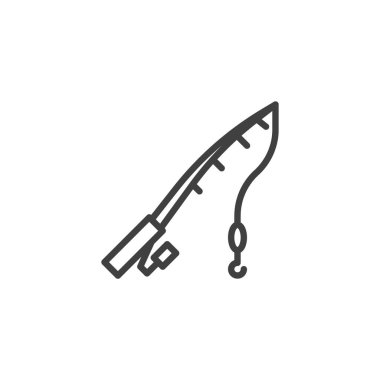Olta kamışı ikonu. Mobil konsept ve web tasarımı için doğrusal biçim işareti. Balıkçı oltası ana hatlı vektör simgesi. Sembol, logo çizimi. Vektör grafikleri