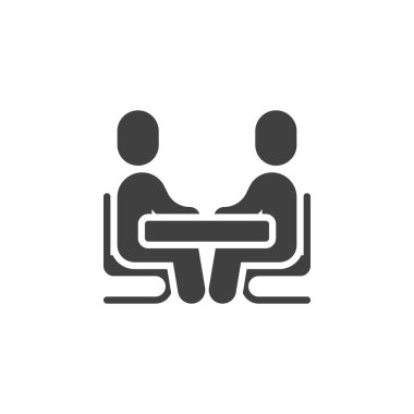 İş görüşmesi vektör ikonu. Mobil konsept ve web tasarımı için düz tabela. Glyph ikonunda iki kişi var. Sembol, logo çizimi. Vektör grafikleri