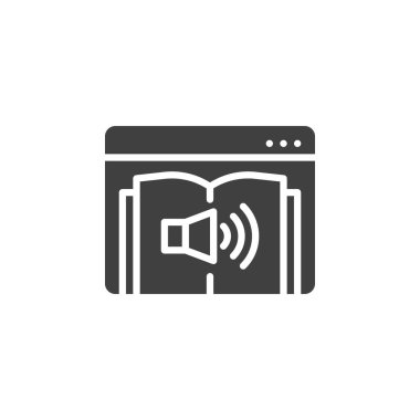 E-kitap dinleme vektör simgesi. Çevrimiçi kitap okuma, mobil konsept ve web tasarımı için düz tabela doldurdu. Ses kursu simgesi. Sembol, logo çizimi. Vektör grafikleri