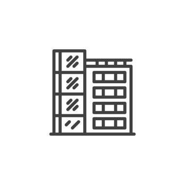 Park yeri ikonu olan bir ofis binası. Mobil konsept ve web tasarımı için doğrusal biçim işareti. Modern ofis taslak vektör simgesi oluşturma. Sembol, logo çizimi. Vektör grafikleri