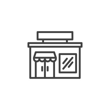 Mağaza çizgisi simgesi. Mobil konsept ve web tasarımı için doğrusal biçim işareti. Süpermarket taslak vektör simgesi. Sembol, logo çizimi. Vektör grafikleri