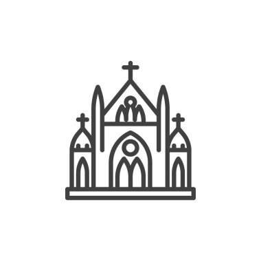 Katedral kilise çizgisi ikonu. Mobil konsept ve web tasarımı için doğrusal biçim işareti. Katedral ana hatlı vektör simgesi oluşturuyor. Sembol, logo çizimi. Vektör grafikleri