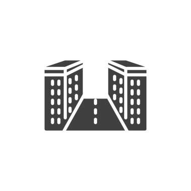 Asfalt yolu ve şehir binaları vektör simgesi. Mobil konsept ve web tasarımı için düz tabela. Şehir binaları ve sokak sembolü ikonu. Sembol, logo çizimi. Vektör grafikleri