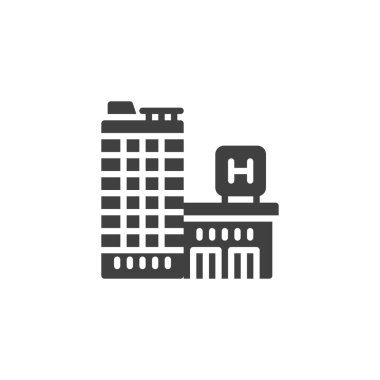 Modern hastane binası vektör ikonu. Mobil konsept ve web tasarımı için düz tabela. Hastane binası sembolü. Sembol, logo çizimi. Vektör grafikleri