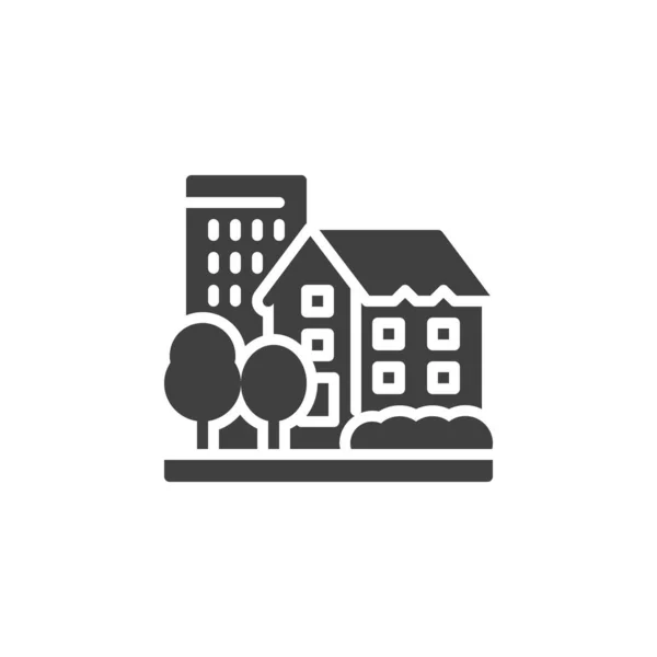 Městské Budovy Stromy Vektorové Ikony Vyplněný Plochý Znak Pro Mobilní — Stockový vektor