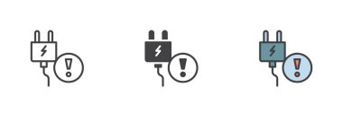 Elektrik prizi uyarısı farklı biçim simgesi seti. Çizgi, kabartma ve doldurulmuş renkli versiyon, ana hatlar ve doldurulmuş vektör işareti. Sembol, logo çizimi. Vektör grafikleri