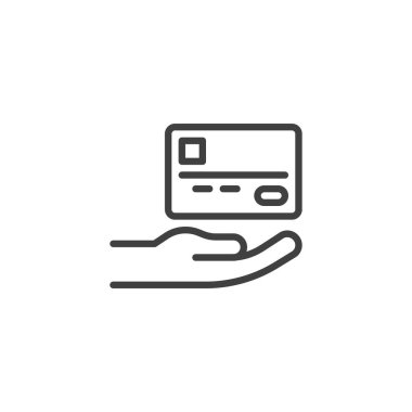 Kredi kartı ikonu olan bir el. Mobil konsept ve web tasarımı için doğrusal biçim işareti. Kredi kartı ödeme taslağı vektör simgesi. Sembol, logo çizimi. Vektör grafikleri
