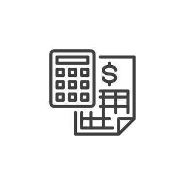 Finansal muhasebe çizgisi ikonu. Mobil konsept ve web tasarımı için doğrusal biçim işareti. Hesap makinesi ve banka dökümanı ana hatları vektör simgesi. Sembol, logo çizimi. Vektör grafikleri