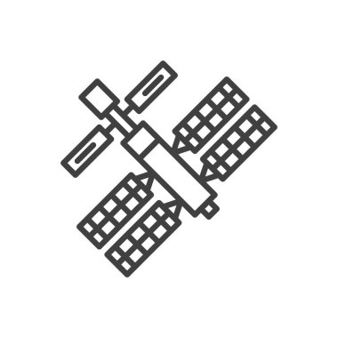 Uzay istasyonu çizgi simgesi. Mobil konsept ve web tasarımı için doğrusal biçim işareti. Yörünge Uzay İstasyonu ana hatları vektör simgesi. Sembol, logo çizimi. Vektör grafikleri