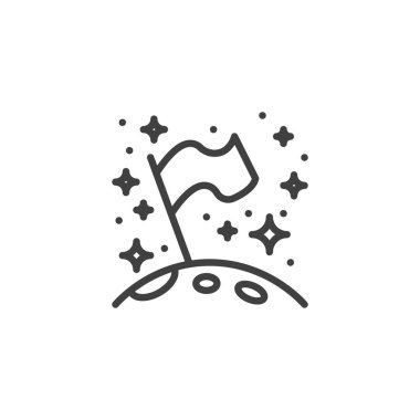 Bayrak çizgisi simgesi olan ay. Mobil konsept ve web tasarımı için doğrusal biçim işareti. Aya iniş bayrağı çizgisi vektör simgesi. Sembol, logo çizimi. Vektör grafikleri