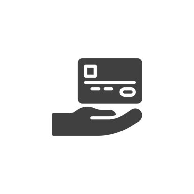 Kredi kartı ödeme vektör simgesi. Mobil konsept ve web tasarımı için düz tabela. Kredi kartı sembolü olan bir el. Sembol, logo çizimi. Vektör grafikleri