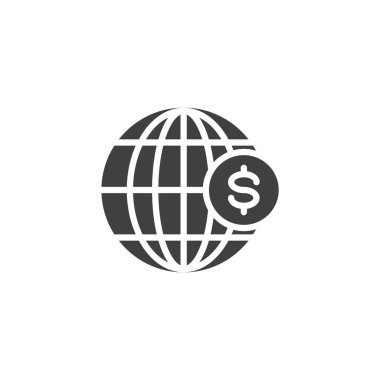 Dünya ekonomisi vektör simgesi. Dünya ve dolar parası mobil konsept ve web tasarımı için düz tabela doldurdu. Küresel ekonomi simgesi. Sembol, logo çizimi. Vektör grafikleri
