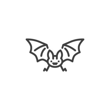 Uçan yarasa çizgisi ikonu. Mobil konsept ve web tasarımı için doğrusal biçim işareti. Cadılar Bayramı yarasa ana hatları vektör simgesi. Sembol, logo çizimi. Vektör grafikleri