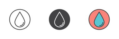 Daire şeklinde farklı bir ikon setinde su damlası. Çizgi, kabartma ve doldurulmuş renkli versiyon, ana hatlar ve doldurulmuş vektör işareti. Sembol, logo çizimi. Vektör grafikleri